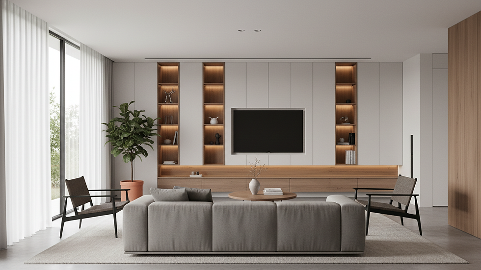 Wide angle view of a bright living room with smart storage solutions