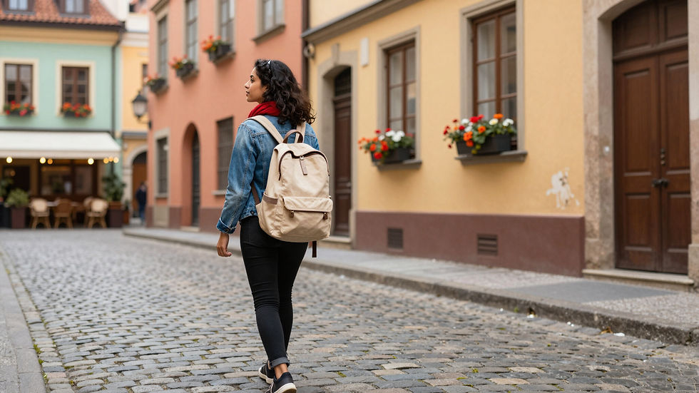 Solo female traveler on a cobblestone street in Europe