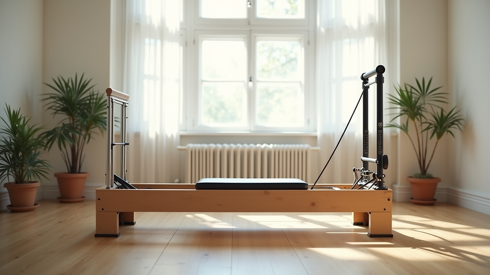 Eye-level view of Pilates reformer machine in a bright studio