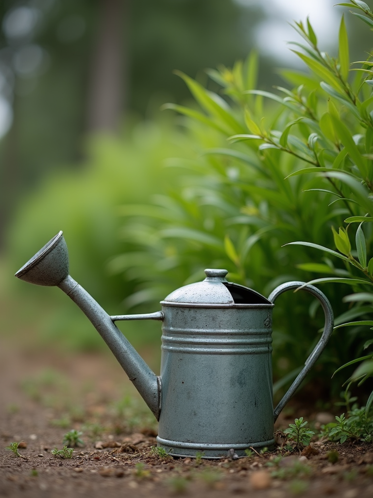 A rustic antique watering can resting near a vibrant and healthy green plant in the nursery
