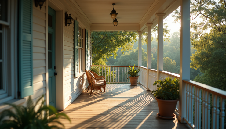 High angle view of a Haliburton cottage porch being swept clean with open windows in the background