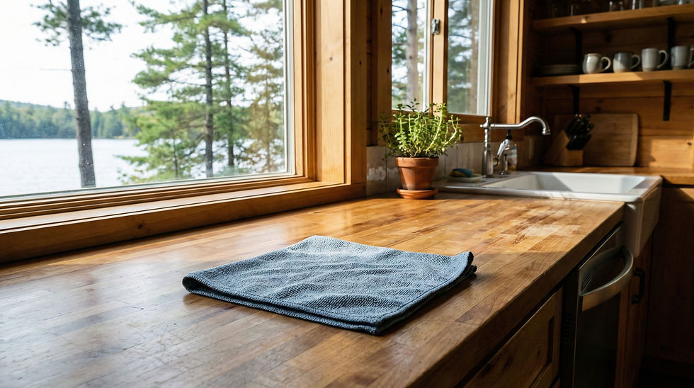 Wooden kitchen counter with a blue cloth near a window overlooking a lake and trees. Potted plant beside a sink. Cozy, rustic vibe.