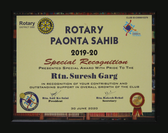 Mr. Suresh Garg, Special Recognition 2019-20, Rotary Paonta Sahib