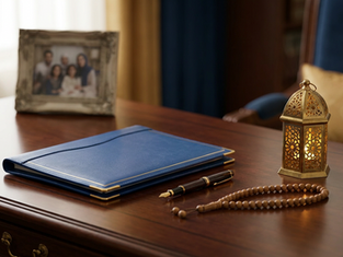 Document folder, pen and prayer beads representing an Islamic will