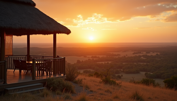 Eye-level view of a South African hunting lodge overlooking a vast savannah