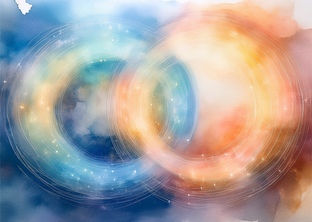 Abstract watercolor of two softly overlapping circles of warm and cool light with a glowing boundary line between them, symbolizing healthy, caring boundaries in leadership.