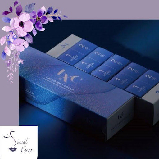 Secret Faces Oakville branded image with purple flowers framing the top right corner of an image that has Lacto Exo Colla product in blue boxes.