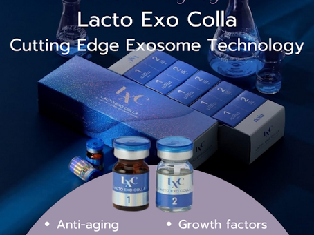 Product highlight with images of Lacto Exo Colla bottles and boxes.