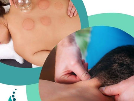 Parkway Back & Foot Clinic branded template with an image in the top left corner with a woman receiving cupping therapy, and an image of a male in the bottom right corner getting massage therapy for concussion symptoms.