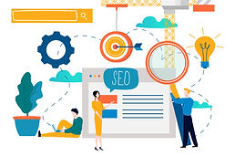 Animated people and icons of light bulbs, gears and targets signifying SEO Strategy as they work together creating unique content that will help a business get found online. eQuil Digital Media is a Burlington-based company that offers SEO Strategy as part of their Digital Marketing services.
