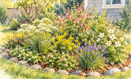 Watercolour illustration of a colourful residential pollinator garden with native flowering plants and grasses.