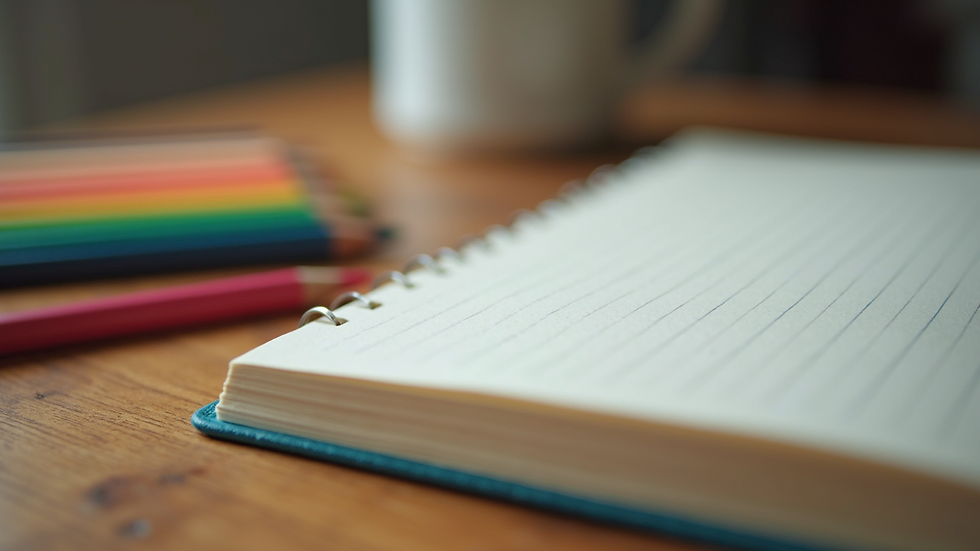 Close-up view of a journal and coloured pencils on a wooden table