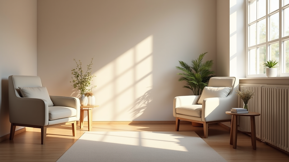 Eye-level view of a calm therapy room with soft lighting and comfortable chairs