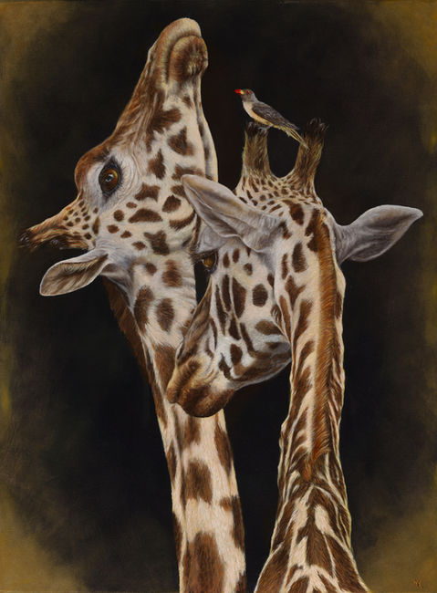 olieverf schilderij van giraffen en een vogel ossenpikker.  bruin beige