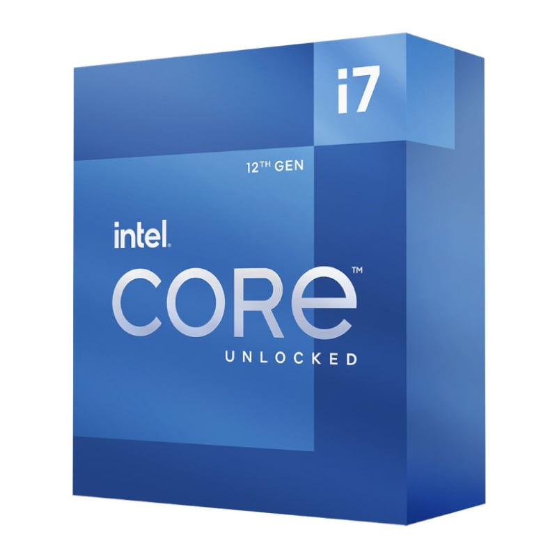 Intel 12th Gen Core i7-12700K processor box with blue gradient design and 'Unlocked' branding on the side.