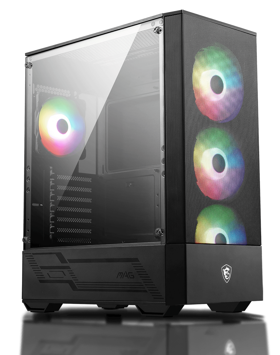 MSI MAG FORGE 112R mid-tower ATX gaming case with three front RGB fans and tempered glass side panel.