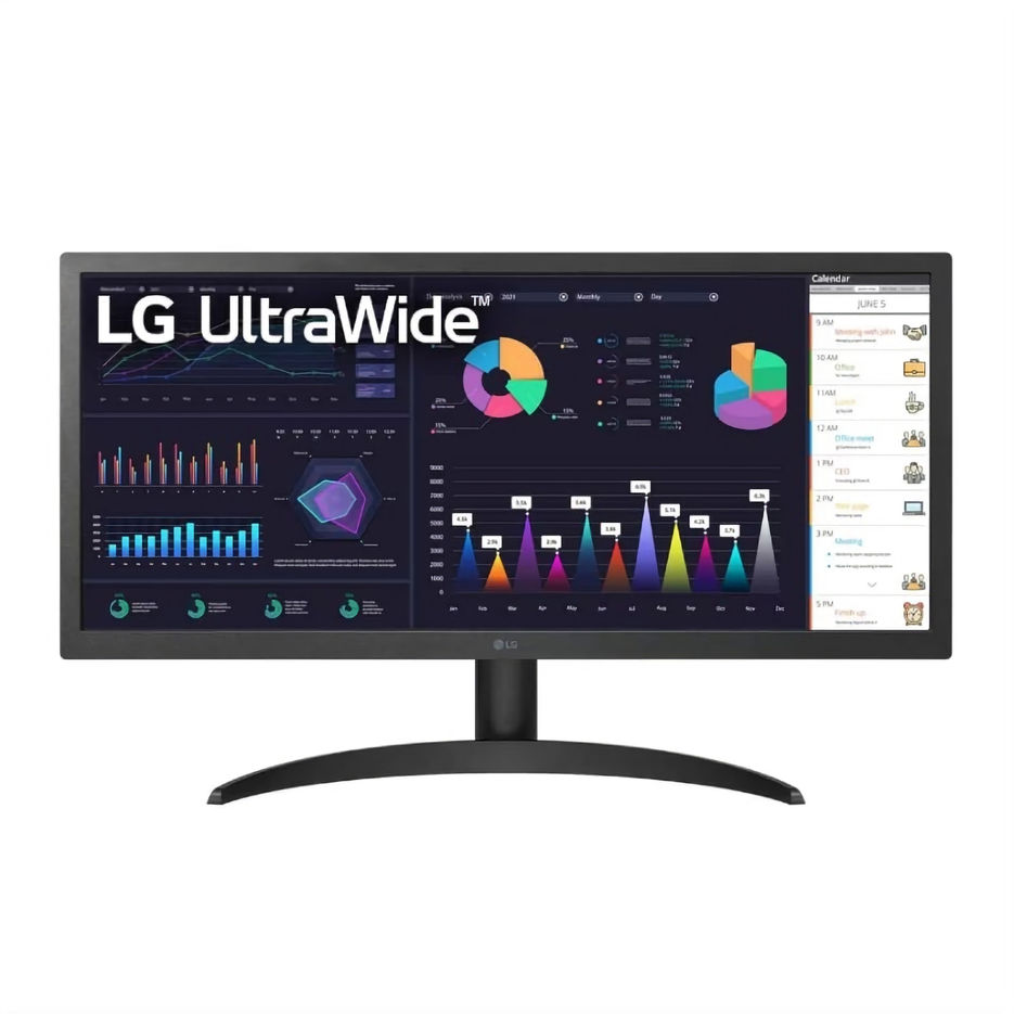 LG UltraWide Monitor with analytics and calendar applications open on screen, showcasing multitasking capabilities