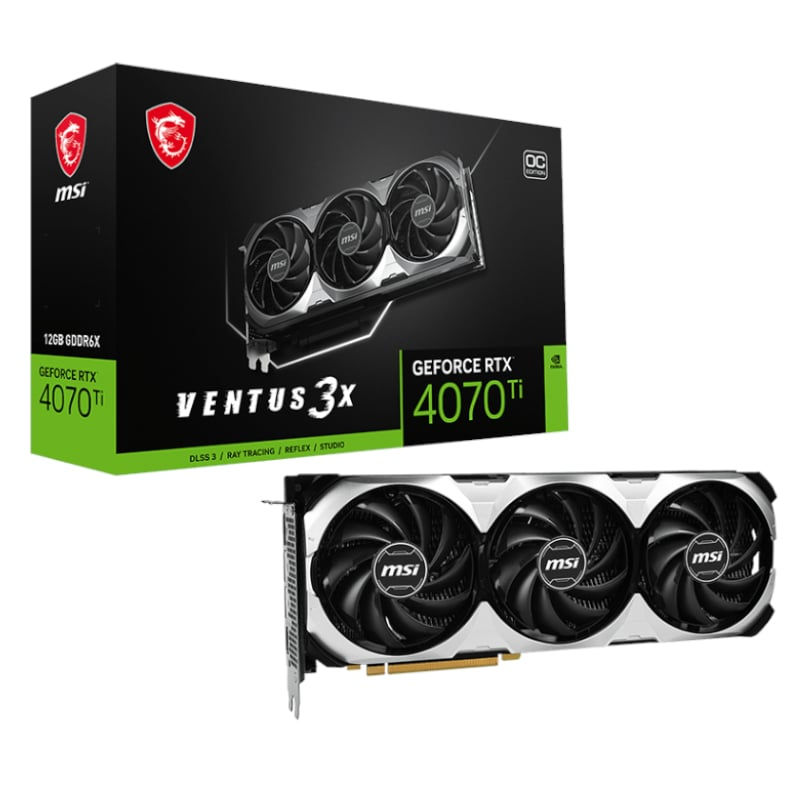 MSI GeForce RTX 4070Ti Ventus graphics card packaging and product display