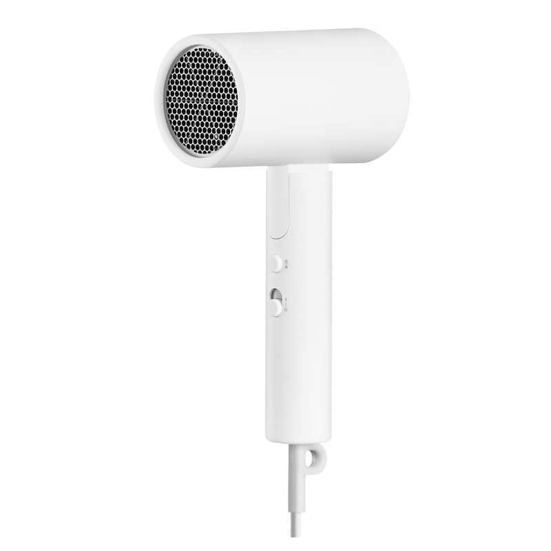 Angled Side view of a white Xiaomi Compact Hair Dryer H101 showcasing its sleek design and control buttons.