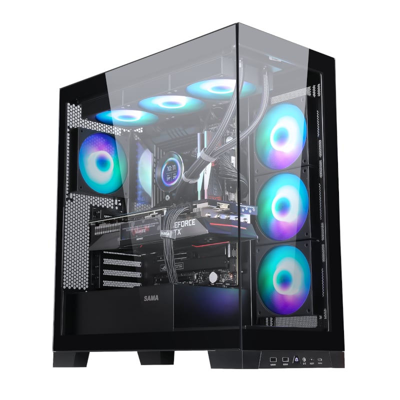 Pre-Built gaming PC with RGB fans and tempered glass case showcasing internal components.