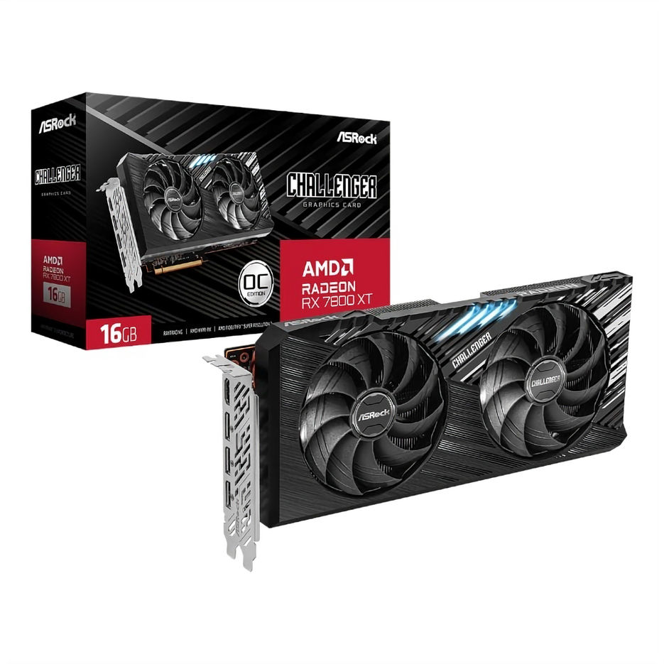 ASRock Radeon RX 7800 XT graphics card packaging and product display with 16GB OC branding