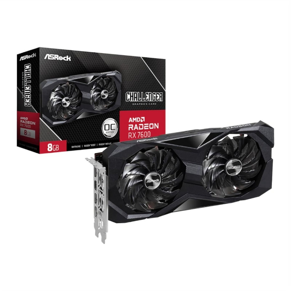 ASRock Radeon RX 7600 Challenger graphics card box and card with dual-fan design displayed on white background