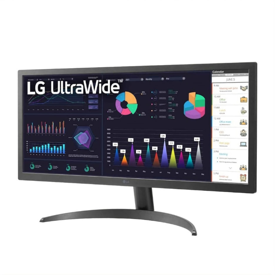 Front view of LG UltraWide Monitor displaying detailed data visualization and productivity tools