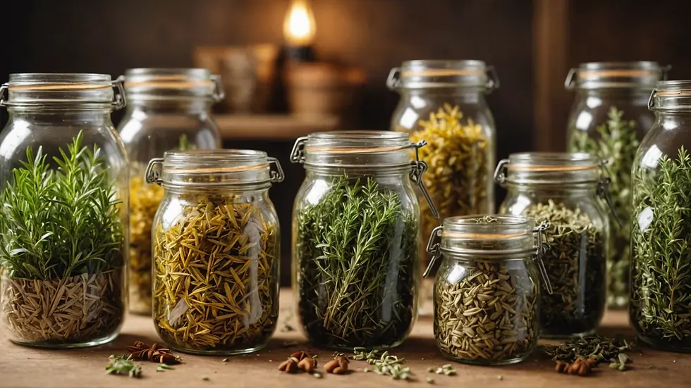 Close-up view of an assortment of dried herbs in glass jars