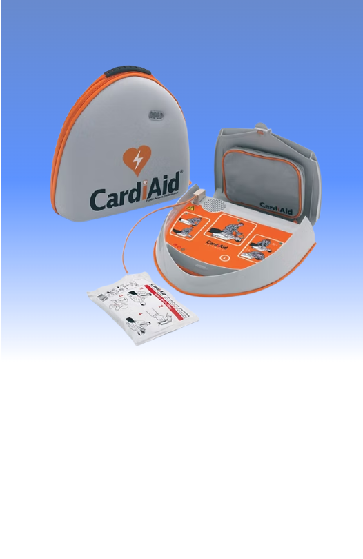 CardiAid AED defibrillator with carry case and electrode pads.
