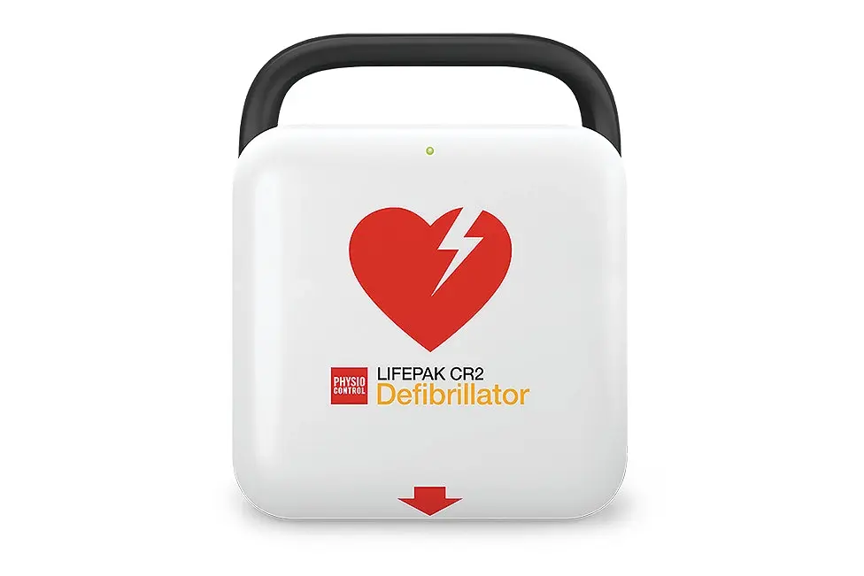White LIFEPAK CR2 automated external defibrillator (AED) with black carrying handle, red heart and lightning bolt symbol