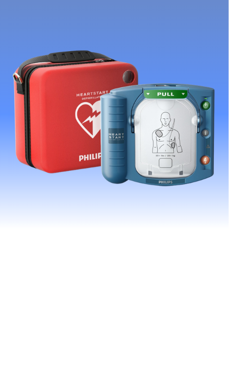 Philips HeartStart HS1 AED defibrillator with electrode pad diagram.