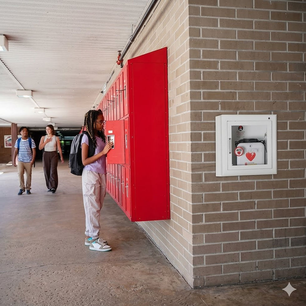Student in hallway with lockers and an AED machine