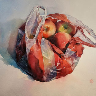 Watercolor painting of a bag of red apples in a bag by NC Artist JJ Jiang 蒋剑云.
This painting was selected for the American Watercolor Society's 152nd Annual international Exhibition 2019.  
