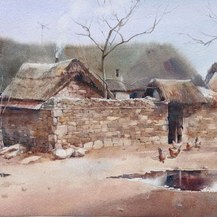 Watercolor painting of an old farm house in China by NC Artist JJ Jiang.  Won the Past President Award in the 2021 Watercolor society of NC Annual Juried Exhibition. Available.