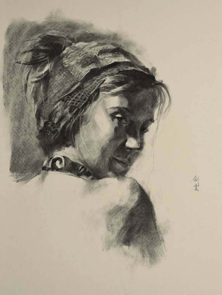 Charcoal portrait drawing of girl wearing a red scarf by NC artist JJ Jiang.