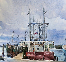 Watercolor painting of docked ship in Oriental NC done by NC artist JJ Jiang.