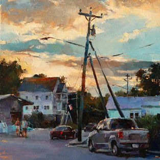 Oil painting of Hodges Street in the village of Oriental, North Carolina by NC Artist JJ Jiang.