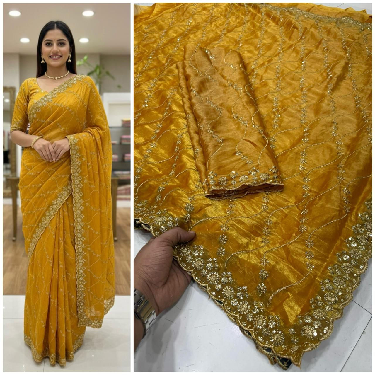 Designer Embroidered saree intricate design unstitched blouse