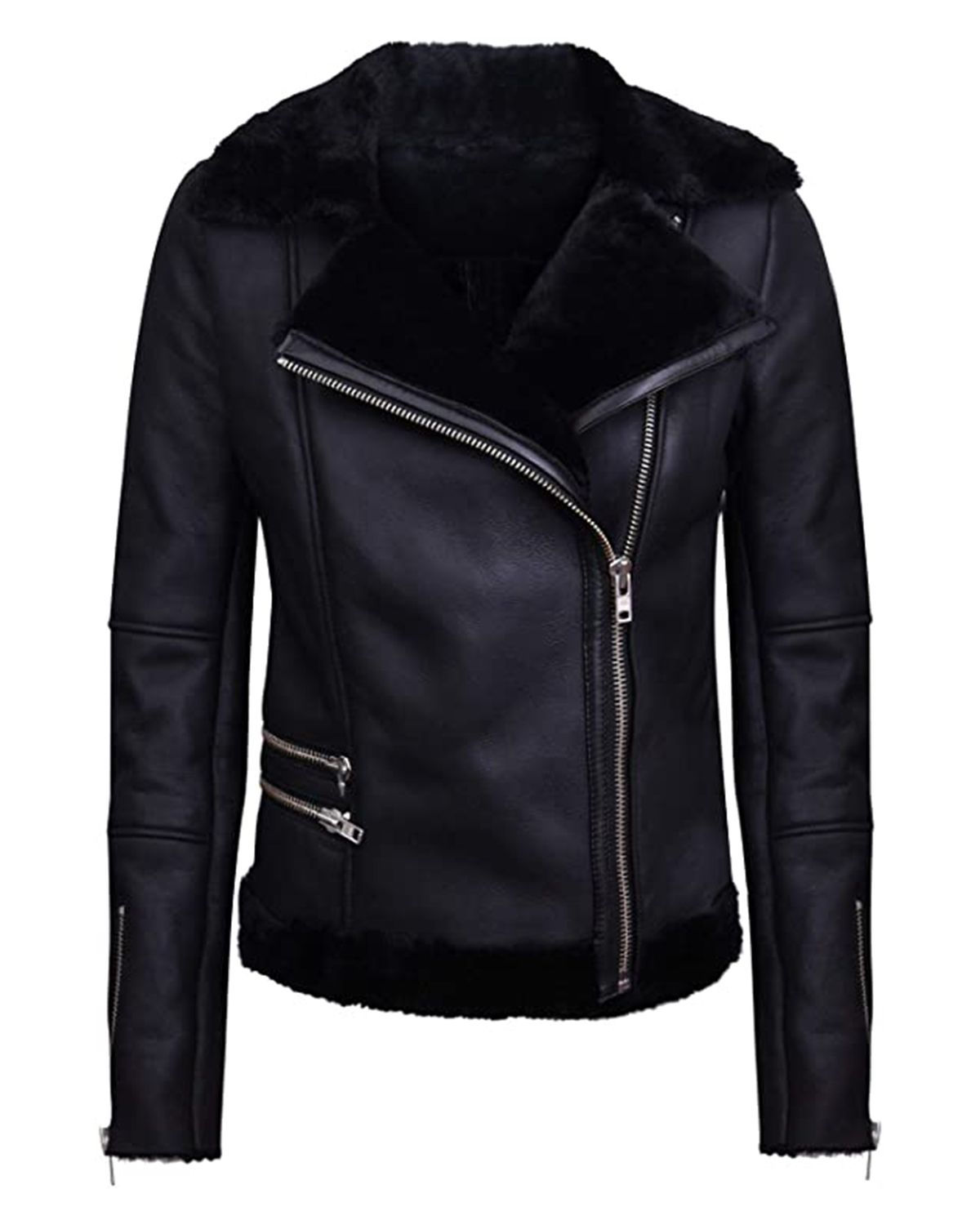 Black Leather Zipper Jacket with Fur Layering