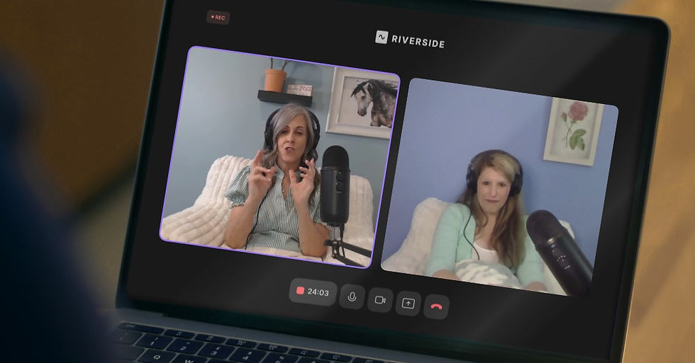 Wide angle view of a cozy podcast studio with soft lighting and comfortable chairs