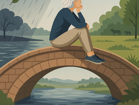 A digital illustration of a woman sitting calmly on a stone bridge. On one side of the bridge is a stormy scene with dark clouds, wind, and rain; on the other side is a peaceful, sunny landscape with clear skies and gentle greenery. The image symbolizes the emotional shift from reactive to responsive thinking. The quote reads: "Reacting is automatic. Responding is power. Awareness is the bridge." – Tami West.