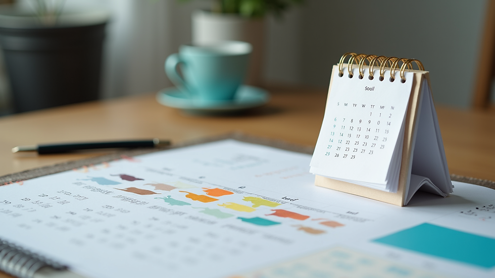 Close-up view of a colorful content calendar on a desk