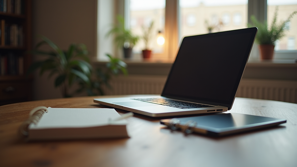 Eye-level view of a cozy workspace with a laptop and notebook