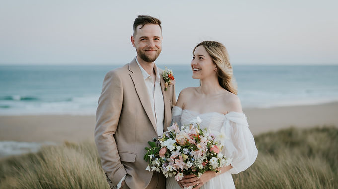 Beach wedding bride and groom