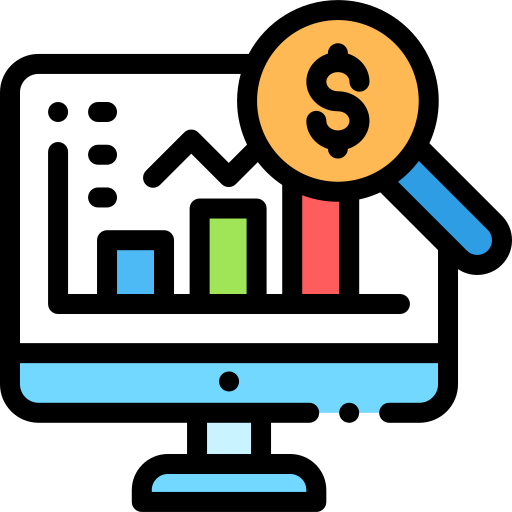 Computer screen with a graph showing financial growth, a magnifying glass with a dollar sign overlaying the graph
