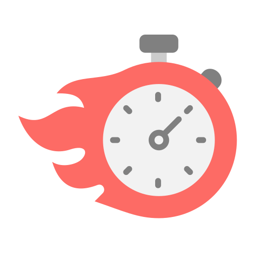 Red stopwatch with flames behind it, symbolizing fast results