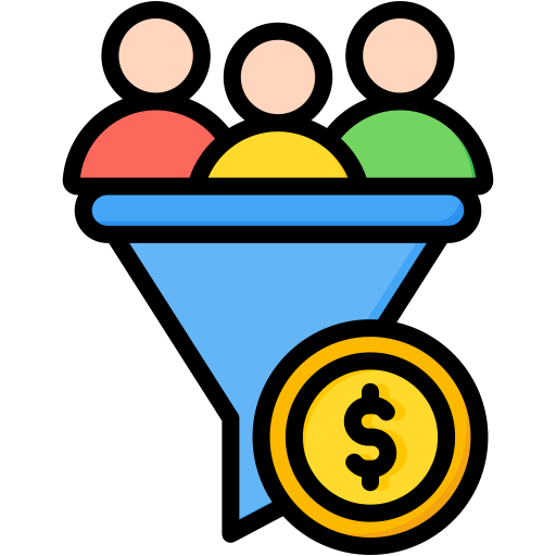 Illustration of a funnel with three customer avatars at the top and a dollar coin at the bottom, representing a sales funnel.
