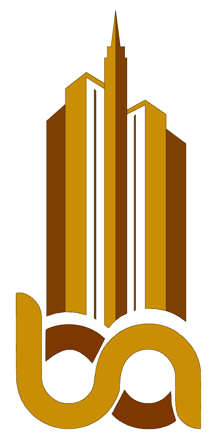 Gold stylized logo of three buildings with the letters BA