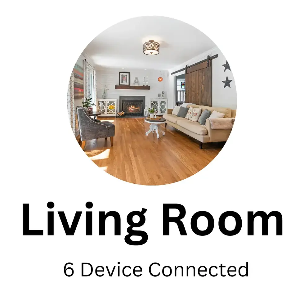 Living Room with fireplace, sofa, and wooden sliding door, 6 Device Connected