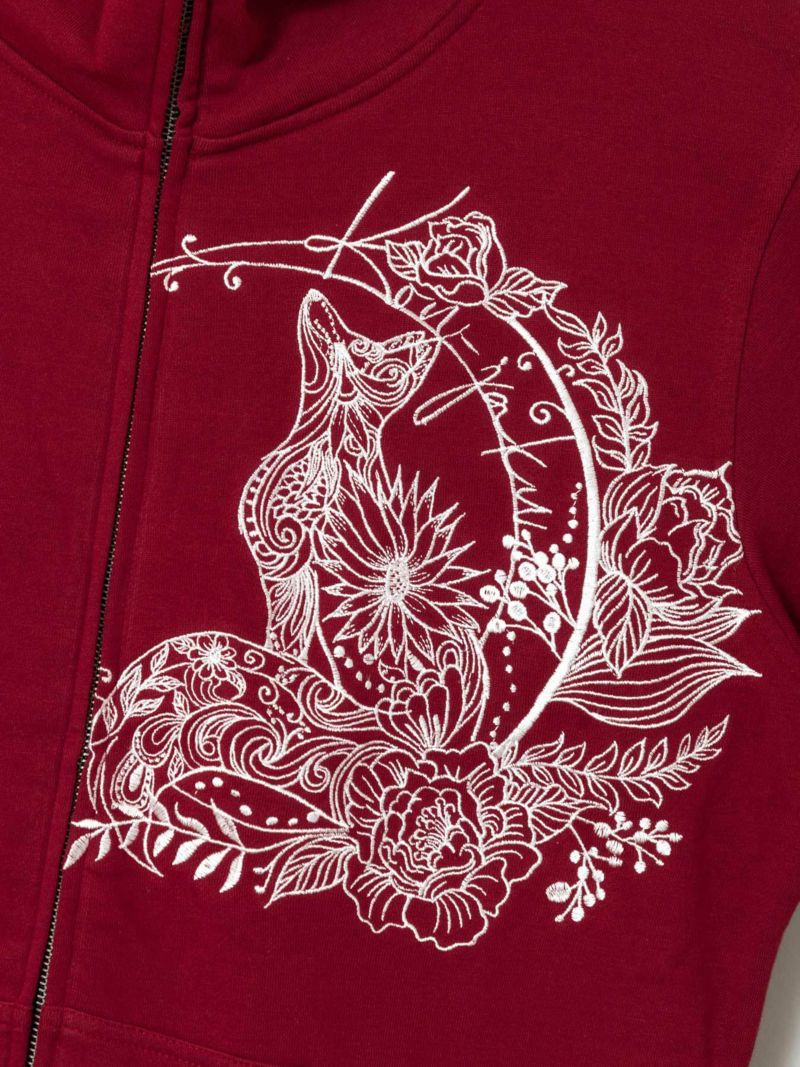 Thumbnail: 今昔 KJ-29141 #82  こんじゃく『狐と月の草花アート』総刺繡ハイネックパーカー